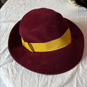 Hat Attack NYC Burgundy Wool Felt Hat Yellow Band Wide Brim